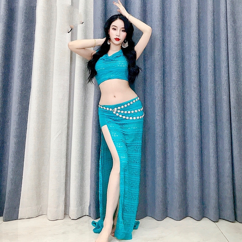 

adult Oriental bellydance belly dance set lace top hip skirt with slit professional woman performance practice wear clothes suit, Waist chain 5027