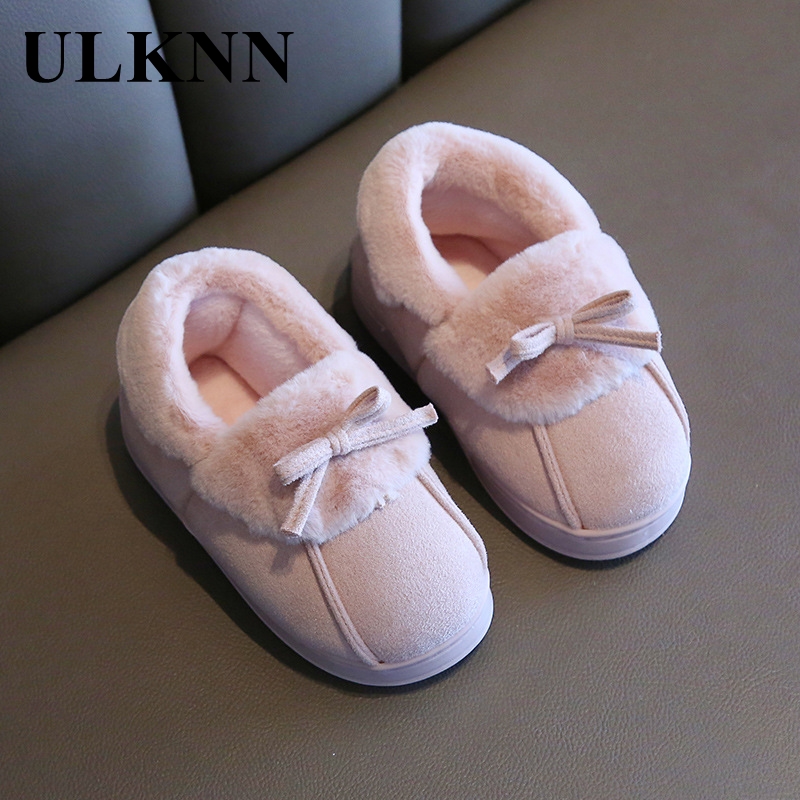 

ULKNN Baby Winter Slippers For Girl 2020 New Children Boys Indoor Fur Plush Bowknot Home Shoes Soft Bottom Non-Slip, Brown