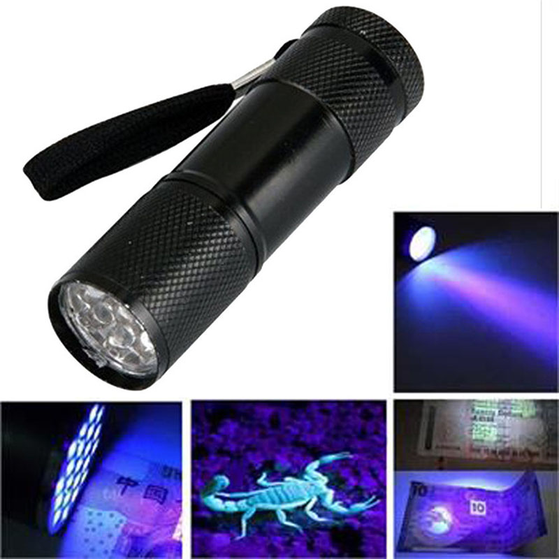 

100pcs 9 LED UV Flashlight Torch Light 395nm Ultra Violet Light Blacklight Lamp Torch AAA Battery For Marker Checker Detection