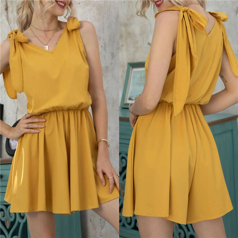 

Fashion Women Sleeveless Wide Leg Short Jumpsuit V-Neck Bow Tie Solid Color Rompers Short Jumpsuit Playsuit Bodysuits, As pic