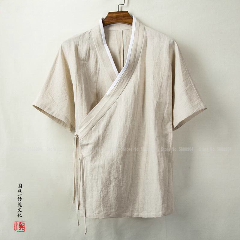 

Men Short Sleeve Hanfu Shirt Summer Chinese Traditional Retro Style T-shirt Zen Robe Gown Ancient Tang Casual Blouse