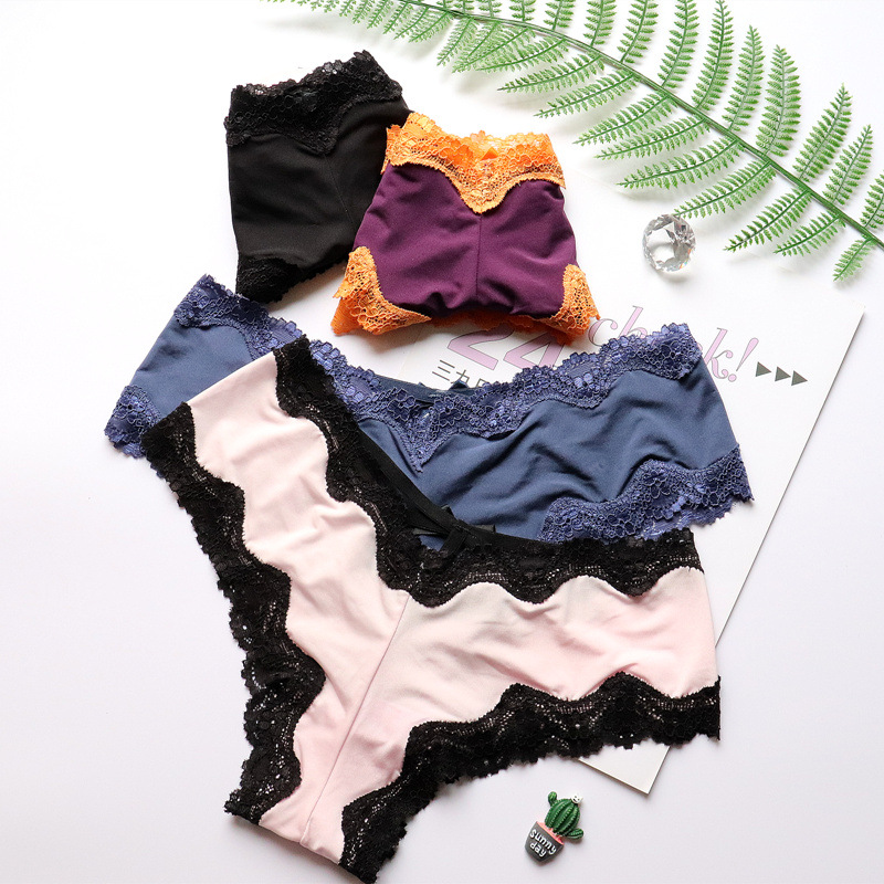 

European and American explosions sexy low waist no trace ladies ice silk underwear women lace half pack hip women's underwear, Black