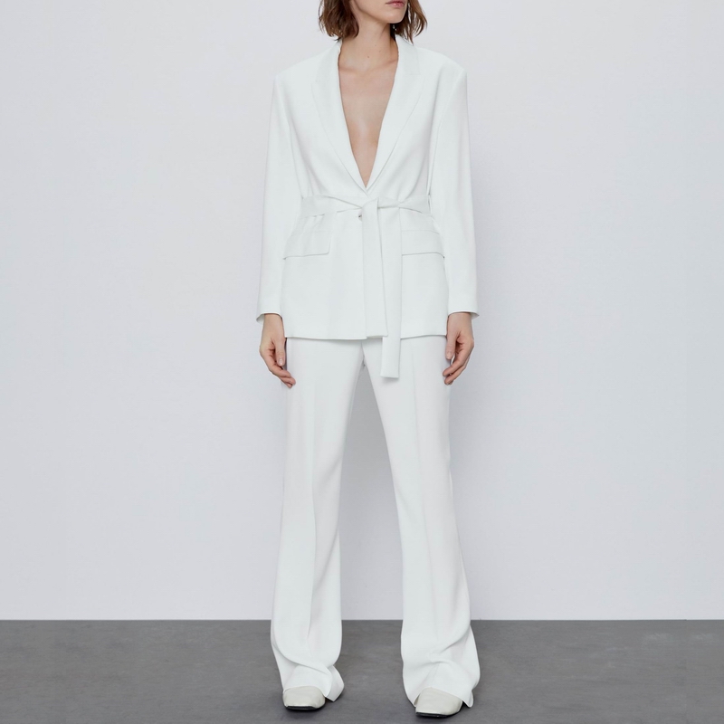 

Women Suits Spring 2020 New Fashion White Blazer and Wide Leg Pants Modern Lady 2 Pieces Set, Pant