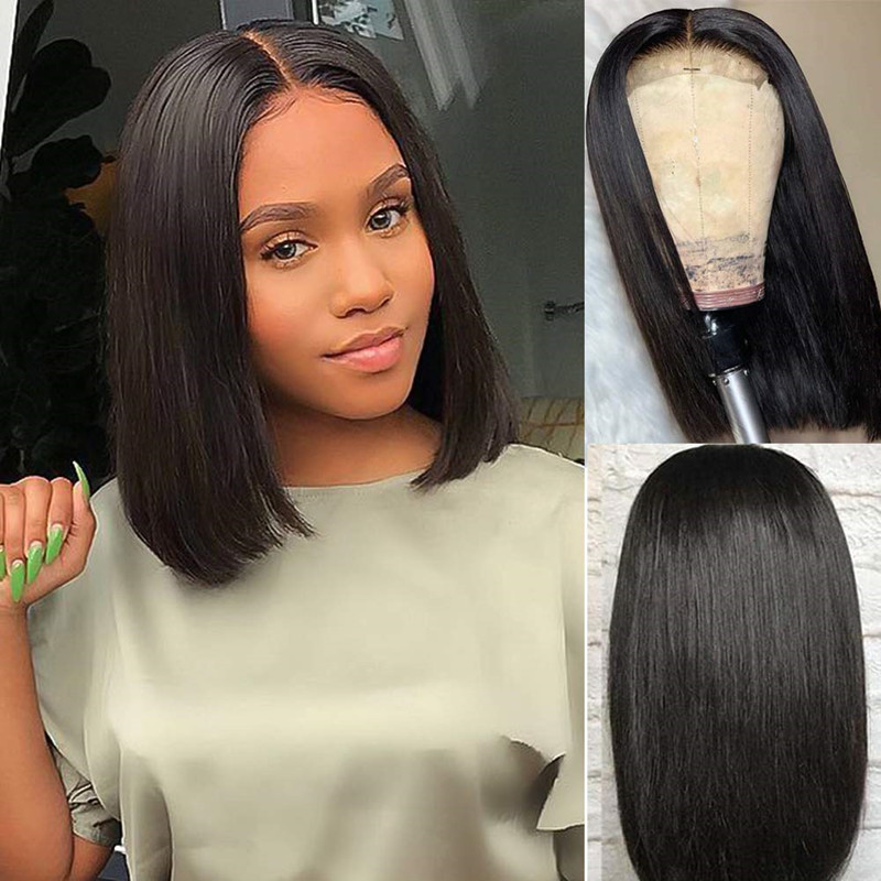 

Natural Women Short Bob Lace Frontal Wigs Straight Synthetic Lace Front Wig 10% Brazilian Human Hair Wigs Pre Plucked Heat Resistant Soft, Black