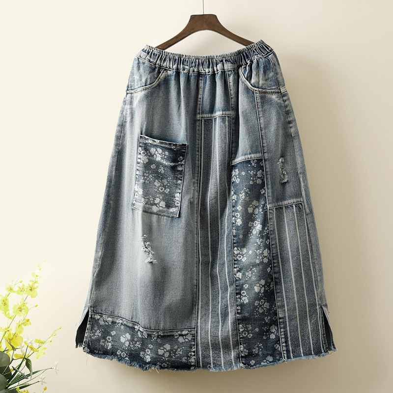 

Vintage denim skirt elastic waist stripe patch design skirt casual female summer skirts, Beige