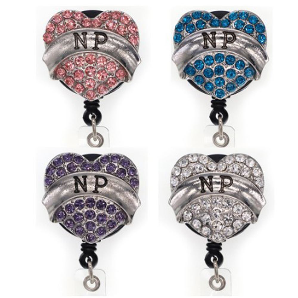 

10pcs/lot Key Rings Rhinestone Heart Shape ID Name Badge Reels Nurse Medical Doctor Symbol NP Retractable Badge Reel Holder Wiith Alligator Clip