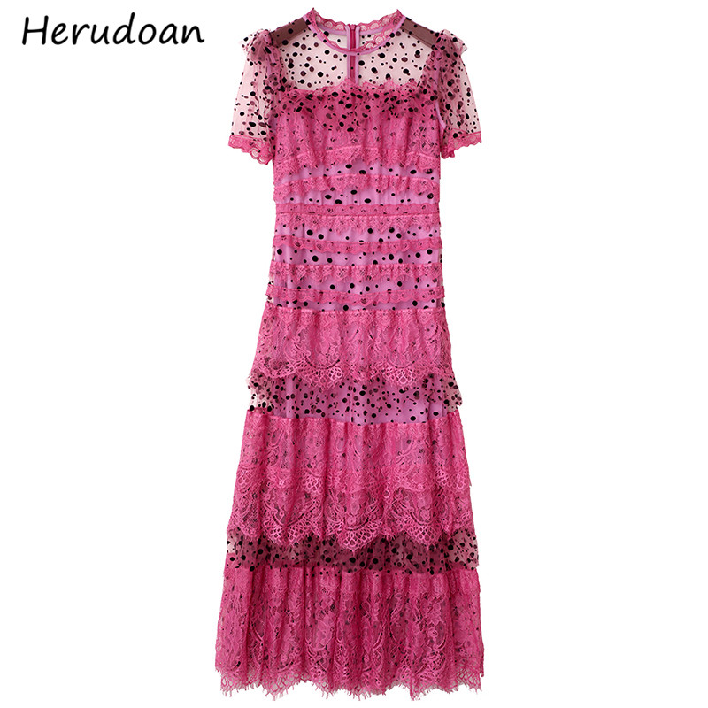 

Herudoan Summer Elegant Pink Dress Women Short sleeve Mesh patchwork Ruffle Dot Print Designer Vacation Fashion Lace Midi Dress, Burgundy