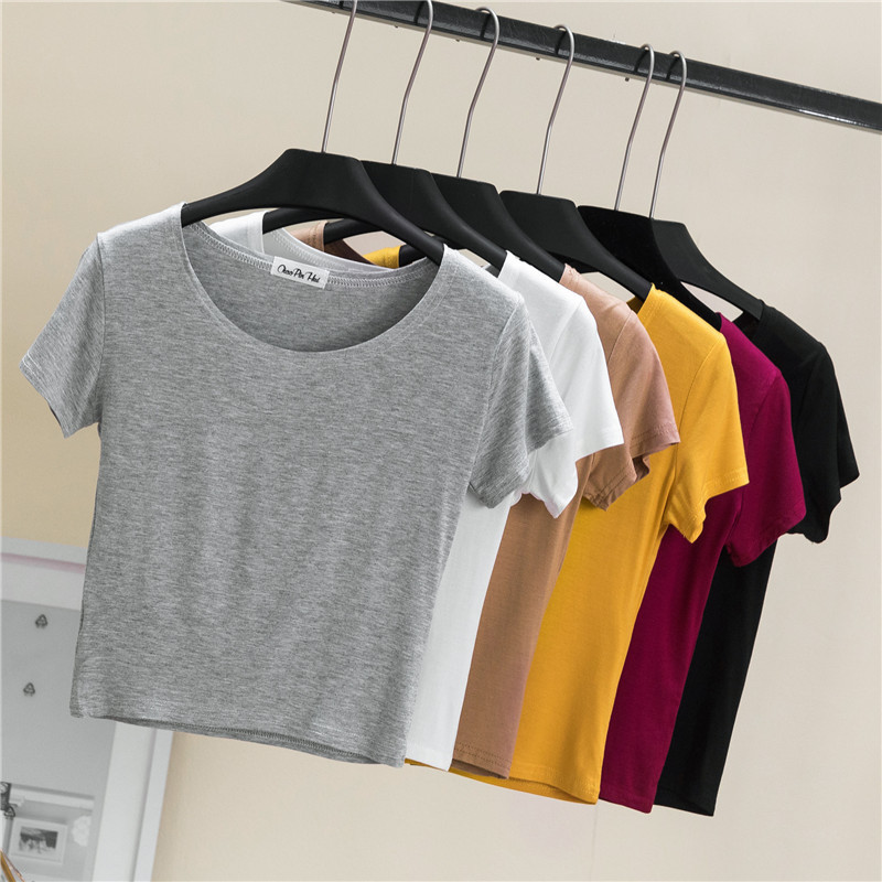 

Short Sleeve Short T-shirt Womens Casual Solid O-Neck Tee T-shirt Tops Summer White gray Shirt Tees Clothes Cropped, Black