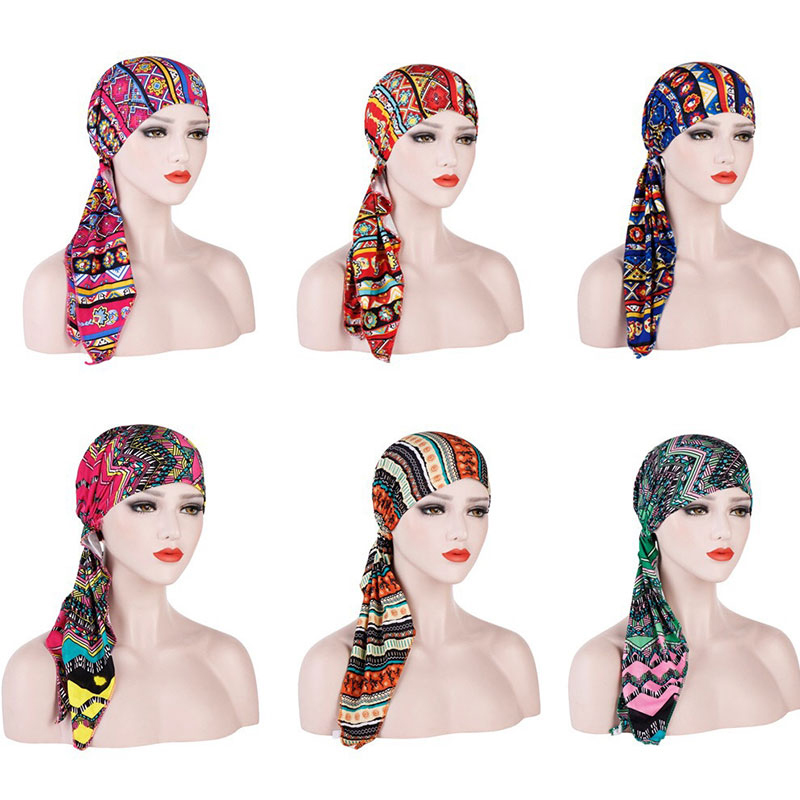 

Musilm Two Long Tail Floral Print Turban Caps Head Wrap For Women Folding Stretch Headwear Turbantes Cotton Hat Chemo Hat
