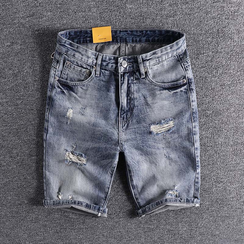

2020 new Hong Kong version self made light color perforated denim shorts men's straight tube trendy summer thin trouser 974, Blue