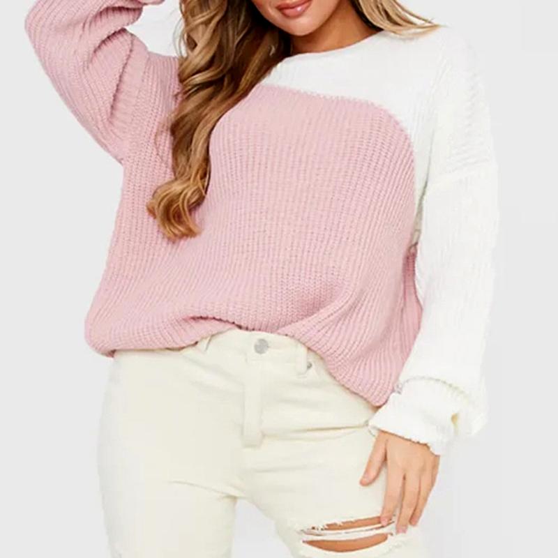 

Fashion Women Knitted Patchwork Sweater 2020 New Autumn Winter Knitted O Neck Long Sleeve Sweater Female Casual Pullover, Pink
