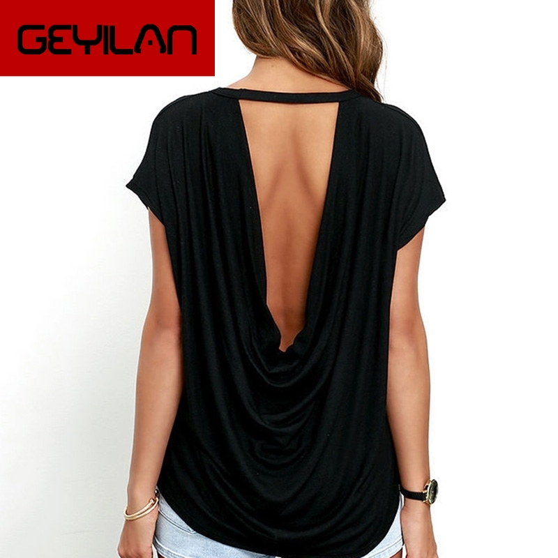 

Fashion Open Back T Shirt Women Casual Backless Short Sleeve TShirt Summer Hot Clothing Loose O-neck Tops Tees Black white