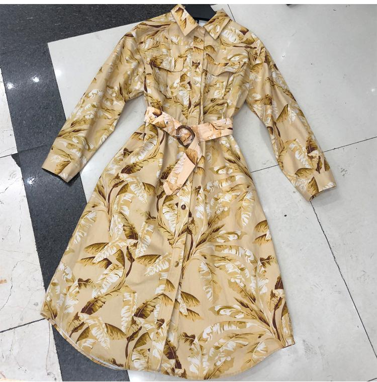 

2020 early spring new style stylish print belt shirt maple leaf graphic long skirt dress temperament dress, Multi
