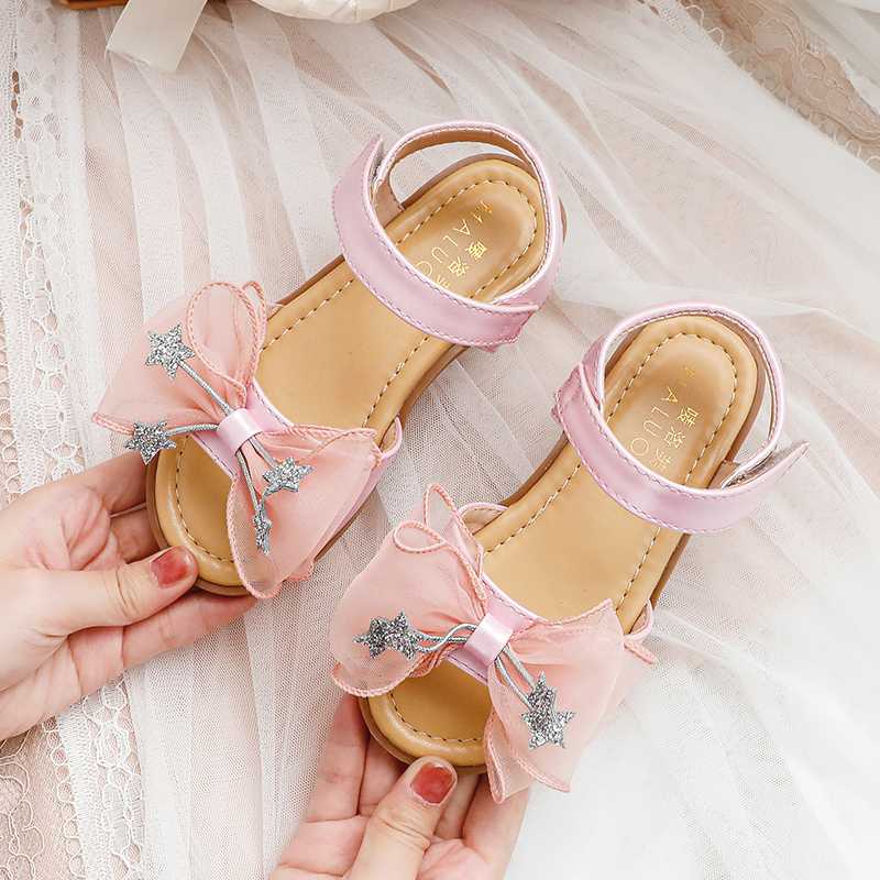 

Summer Kids Shoes Fashion Leather Sweet Children Sandals For Girls Toddler Breathable Shining Stars Bowtie Baby Princess Shoes, Champagne