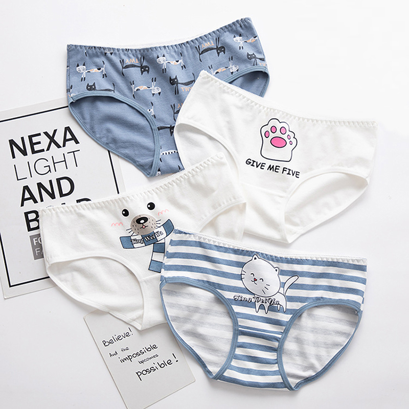 

4Pcs/Lot Women's cotton Panties blue color cute girl Underwear Lingerie Soft Comfortable Panty Ladies Sexy briefs Casual panties, 4pcs-l105-any