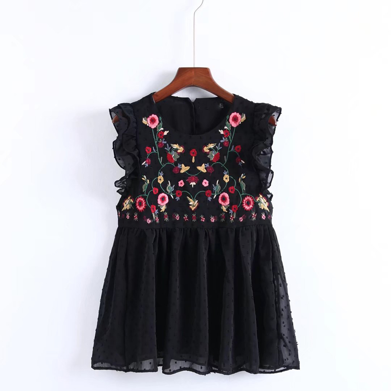 

YSMILE Y Women Sweet Sleeveless Ruffles Floral Embroidery Blouse Fashion Women Summer O Necklace European Tops Blusas, Black