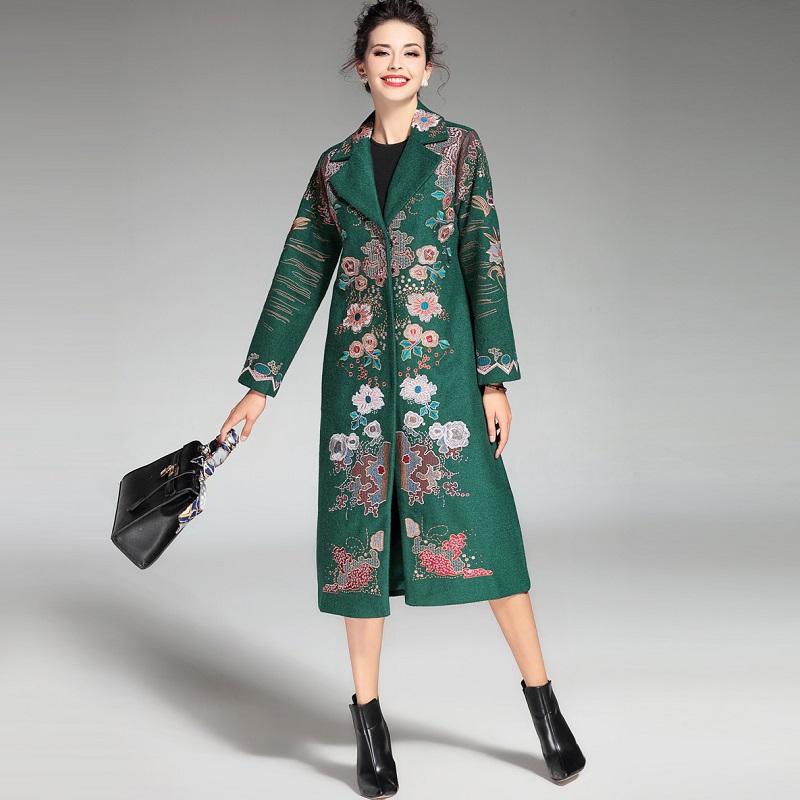 

xxxl!Top Quality Brand Winter Long Jackets Women Luxurious Embroidery Covered Button Warm Wool & Blends Coat Outwear, Black