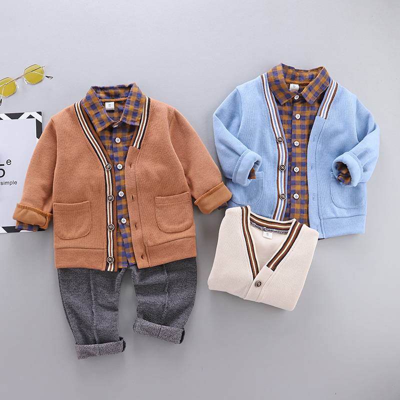 

2020 winter and autumn new suit Korean casual plaid shirt long-sleeved knitted jacket boy baby three-piece trend set, As picture