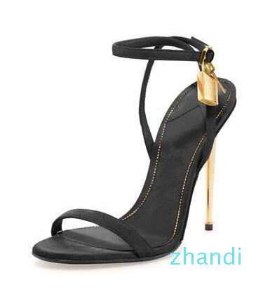 

Hot Sale-Gold Silver Leather High Heels Gladiator Sandals Ankle Strap Padlock Women Pumps Open Toe Metal Heels Women Shoes, Multi