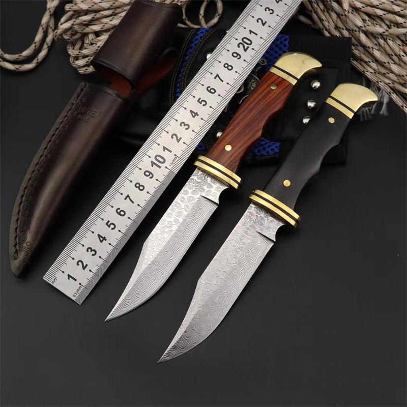 

1Pcs New Damascus Bowie Blade Survival Straight Hunting Knife VG10 Damascus Steel Blade Brass + Ebony Handle With Leather Sheath