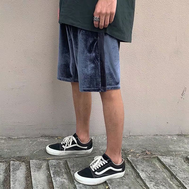 

2020 brand new navy blue Side panel striped velvet shorts Hi-Street Mens Velour Hip Hop Shorts Streetwear