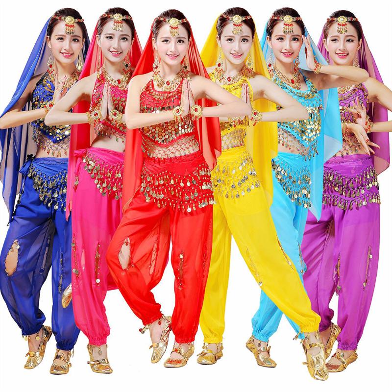 

2020 Summer New Adult India Clothing for Dancer Blue Yellow Belly Dance Costume Set Short Tops and Pants Sexy Stage Dancing Set, Pink 2 pieces