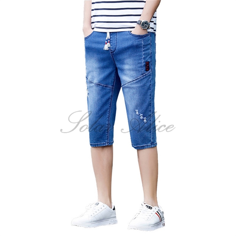 

Free Shipping 2020 Men's Summer New Denim Calf-Length Pants Elastic Waist Elastic Stitching Tether Casual Shorts, Blue