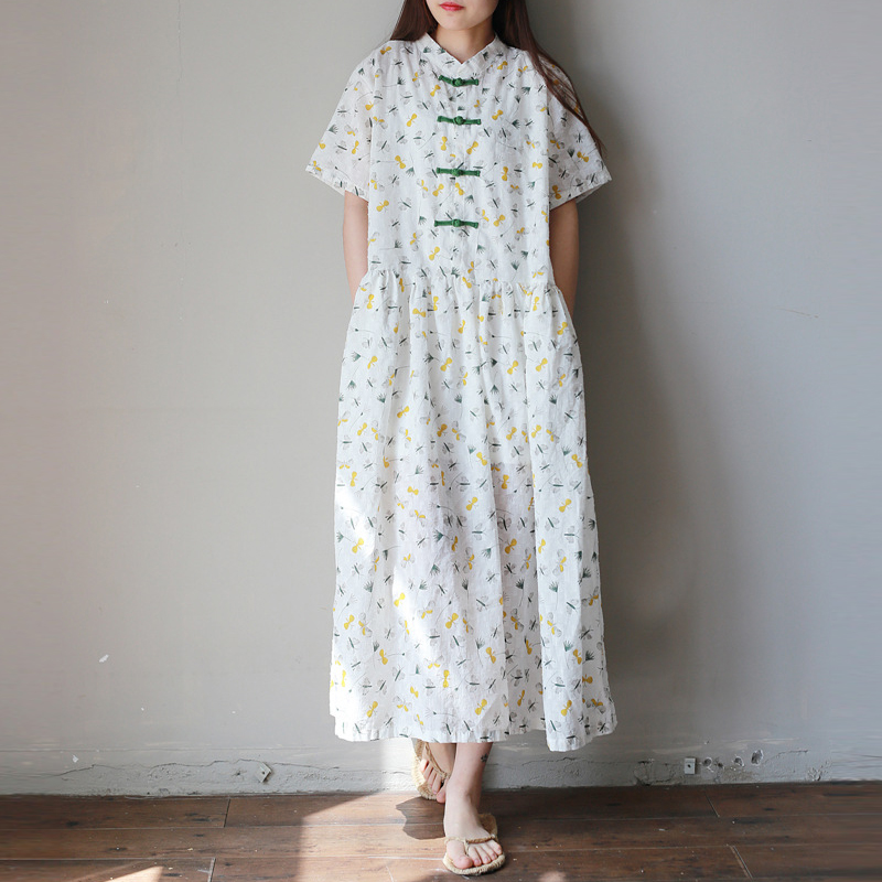 

Johnature Vintage Maxi Dress Loose Print Pockets Ankle-length Short Sleeve Summer Dress Stand Collar Casual Cotton Women, White