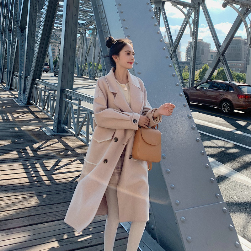 

2020 New Winter Women Double Breasted Woolen Coat Female Lapel Jacket Ladies Temperament Overcoat Girls Long Section Outwear, Pink