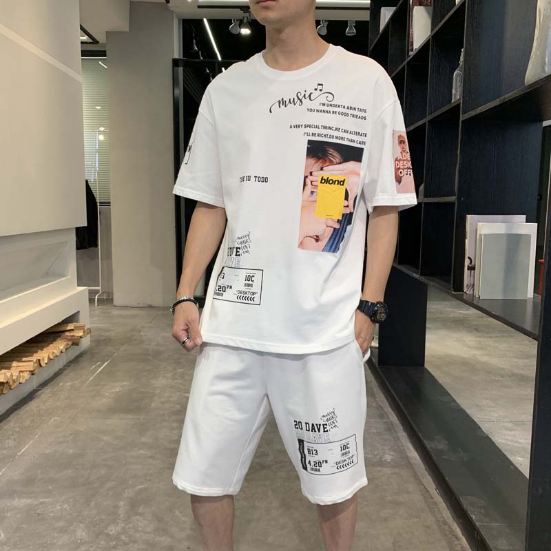 

Men's Set Tracksuit Men Sets 2020 Summer Clothes Hip hop Print Casual Youth Clothing Two Piece sportswear Shorts T-Shirt Men, Black