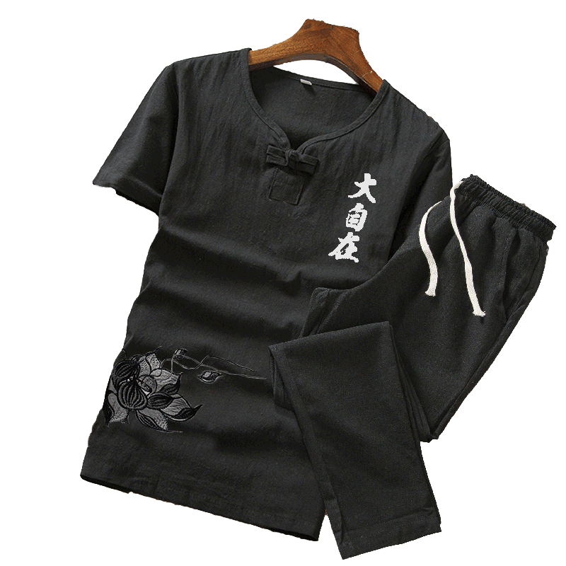 

Men V-neck suit summer print linen set cotton men T-shirt slim short-sleeved solid color casual shorts -5XL men's clothing, Black