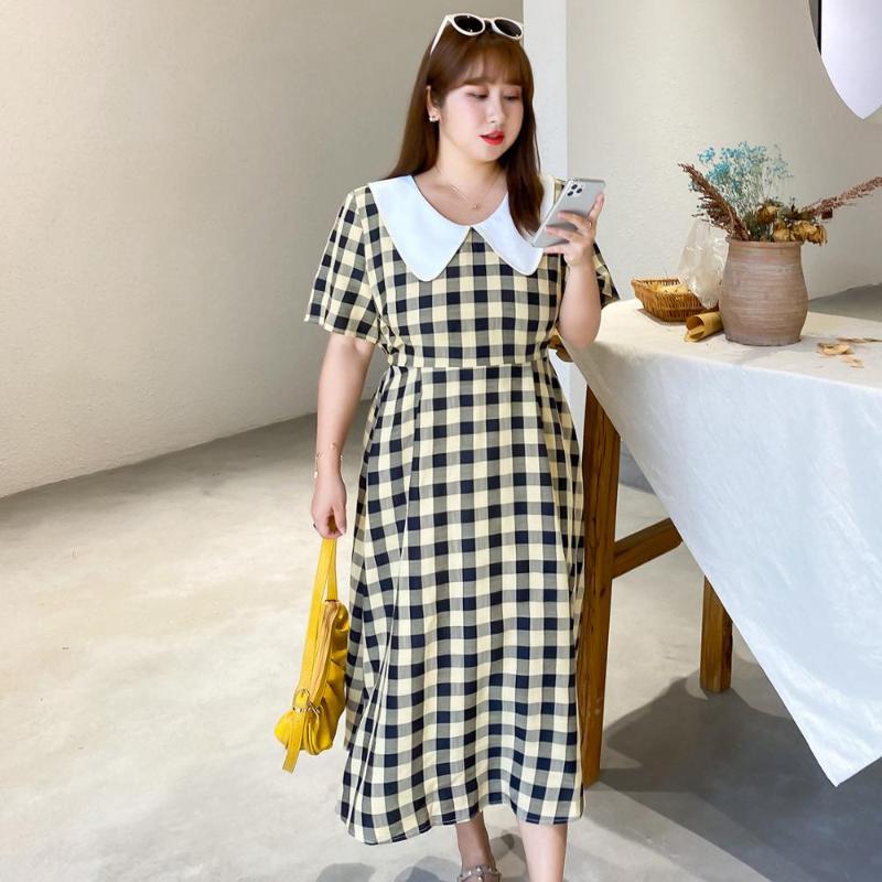 

Women's summer plaid lapel stitching commuter dress plus size calf length casual wear 100 kg can be worn, Black