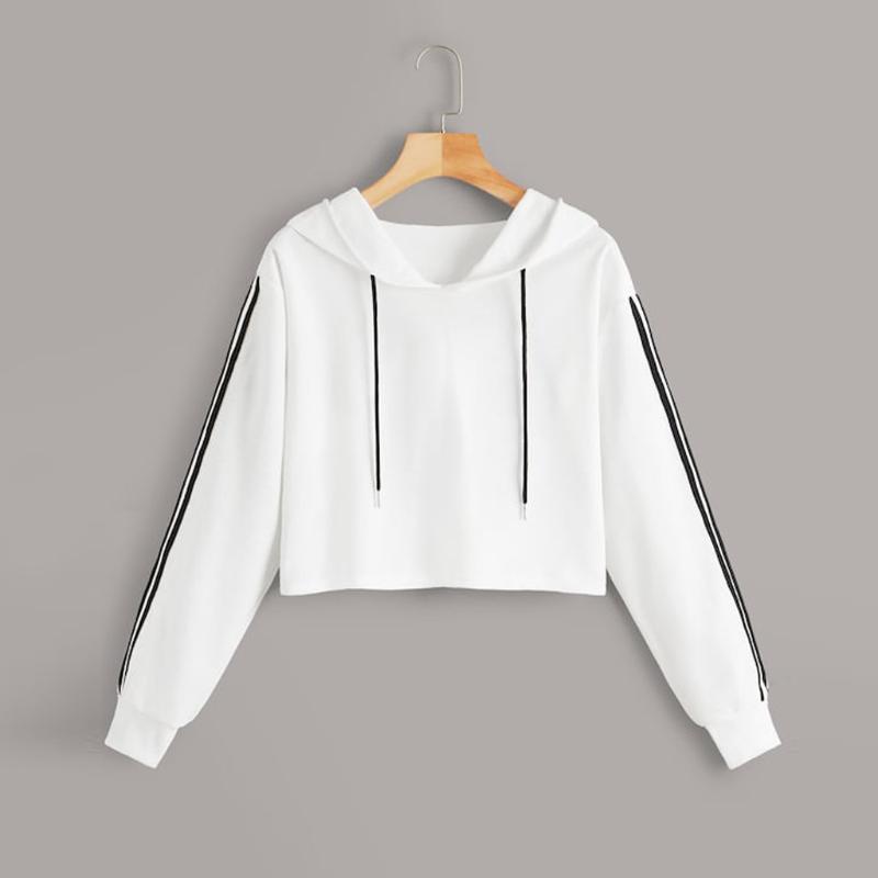 

Hoodies Womens Letter Crop Tops Female Sweatshirt Long Sleeve Splice Pullover Hooded Sweatshirt Short Tops Streetwear Sudadera, White