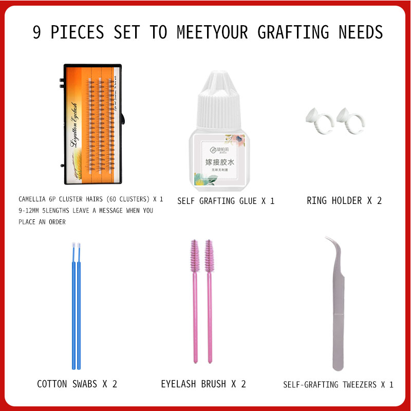 

9 in 1 Self Grafting Individual Eyelashes kit Glue Tweezer Brush Eyelash Ring Holder Tools Set For Eye Lashes Graft