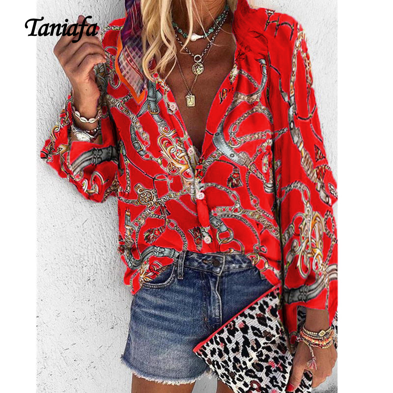 

Taniafa New Fashion Plus Size Shirts Women V Neck Long Sleeve Button Fancy Tops Casual Loose Print Blouse CX200714, Beige