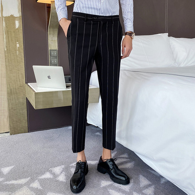 

Summer new hair stylist striped casual pants men's slim British nightclub fashion suit trend nine points pants, Black