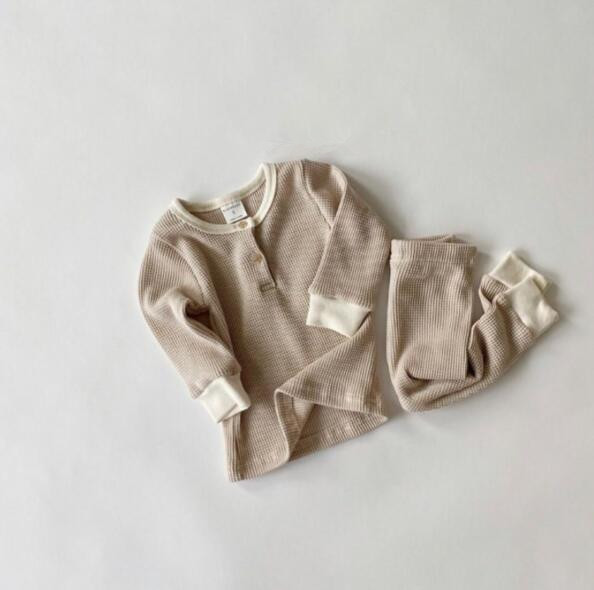 

3885 Baby Kids Home Clothing Set Autumn New Long Sleeve 2 Piece Suit Elastic Top + Pant Children 2 pieces Set Bottoming Clothes, Khaki