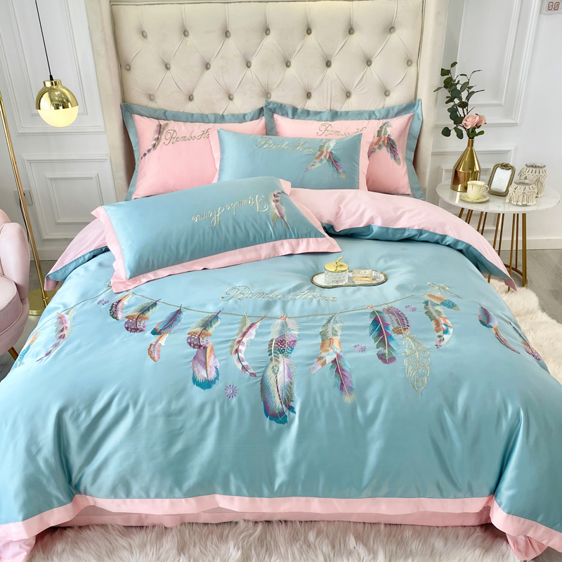 

New Nordic Style Feather Embroidery Bedding Set Satin Silk Cotton Double Duvet Cover Set Bed Linen Pillowcases 4PCS Home Textile