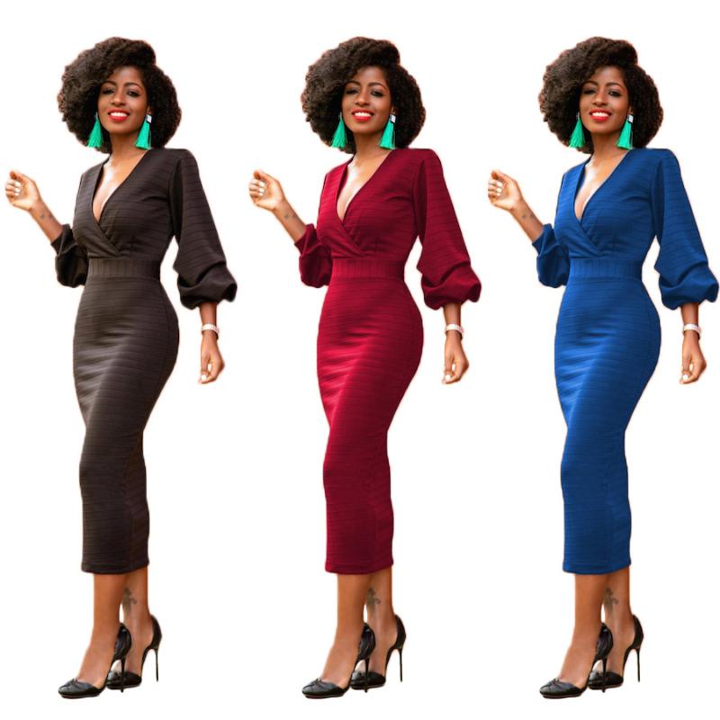 

Popular European and American Autumn and Winter V-neck Sexy Stitching Bag Hip Sheath Dress Women, Black