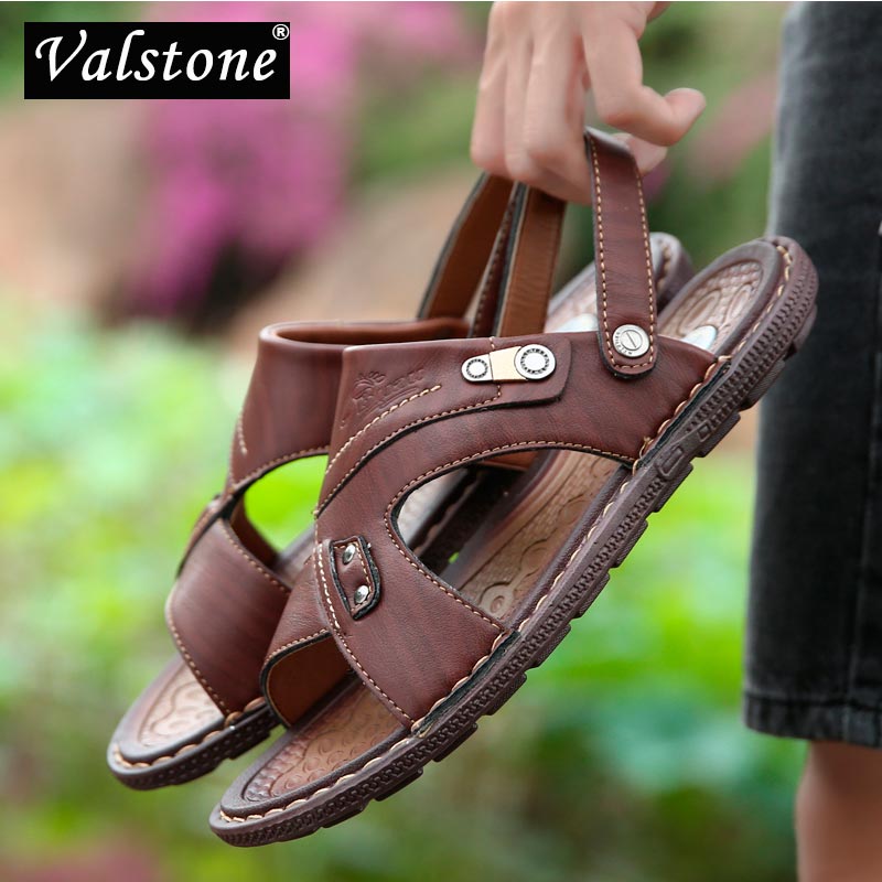 

Valstone Men's Leather Sandals 2020 Summer Casual Flats Slippers Outdoor Breathable Lightweight Soft Beach Male Shoes Plus Size, Brown
