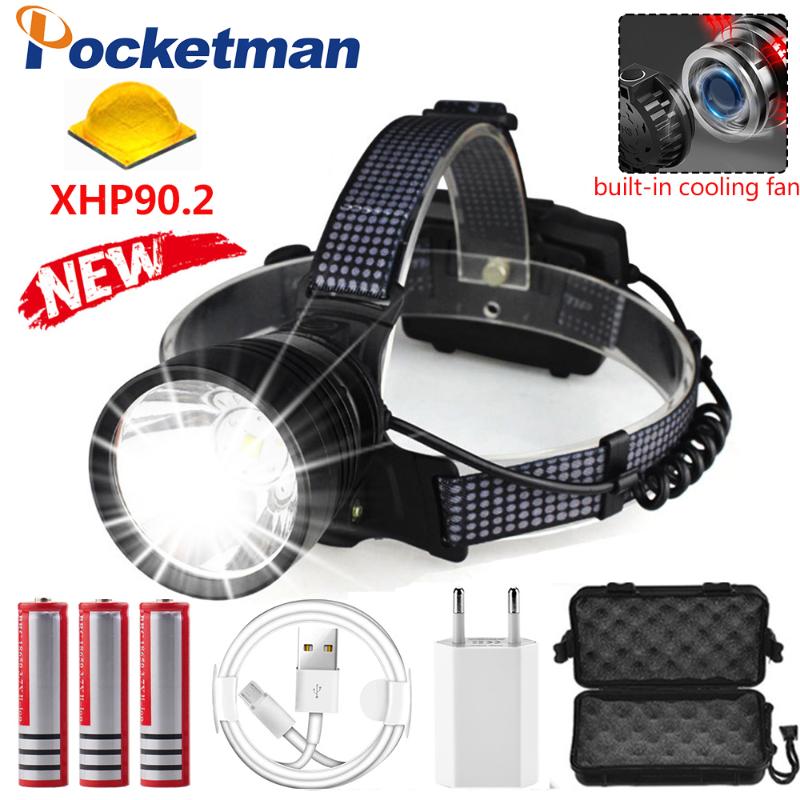 

USB rechargeable LED headlamp xhp90.2 glare head lamp headlight zoom high-power head for camping built in cooling fan