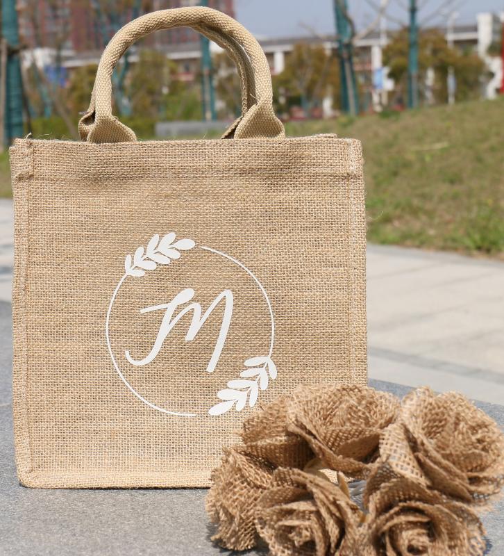 

Monogrammed Bridesmaid Tote Bag with Wreath Burlap Your Name Initial Logo Wedding Welcome Bachelorette Personalized Jute Handbag