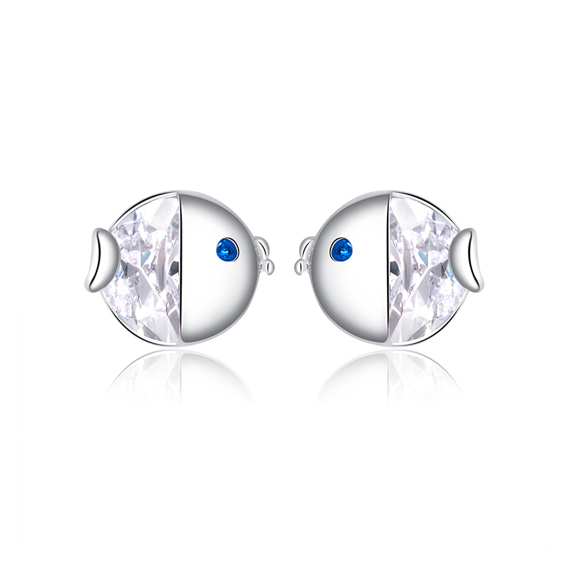 

New Arrival Cute Tiny Fish Earring Stud 925 Sterling Silver Women Gift CZ Earring Jewelry Rhodium Plated, Black