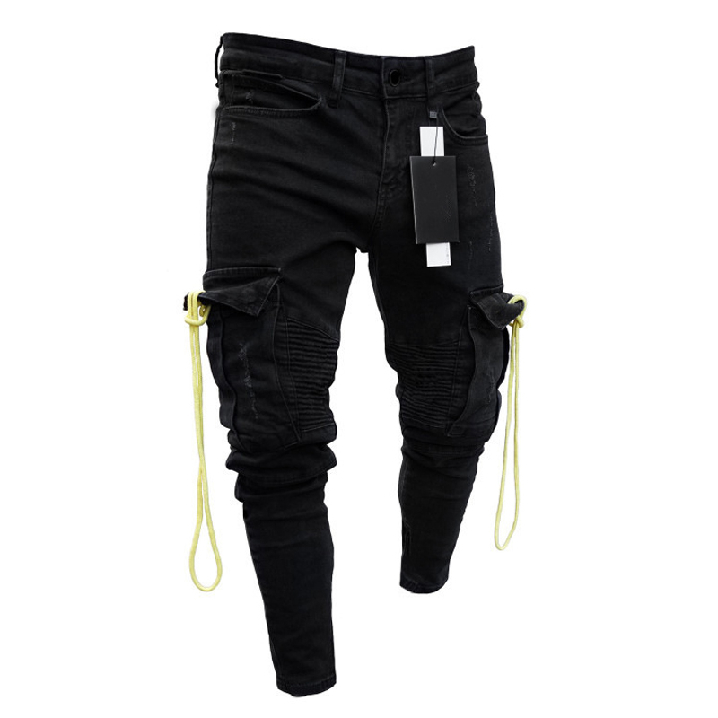 

Brand Denim Jeans Men Pencil Pants Slim Fit Biker Skinny Pencil Jean Casual Jogger Side Pocket Hip Hop Black Cargo Trousers
