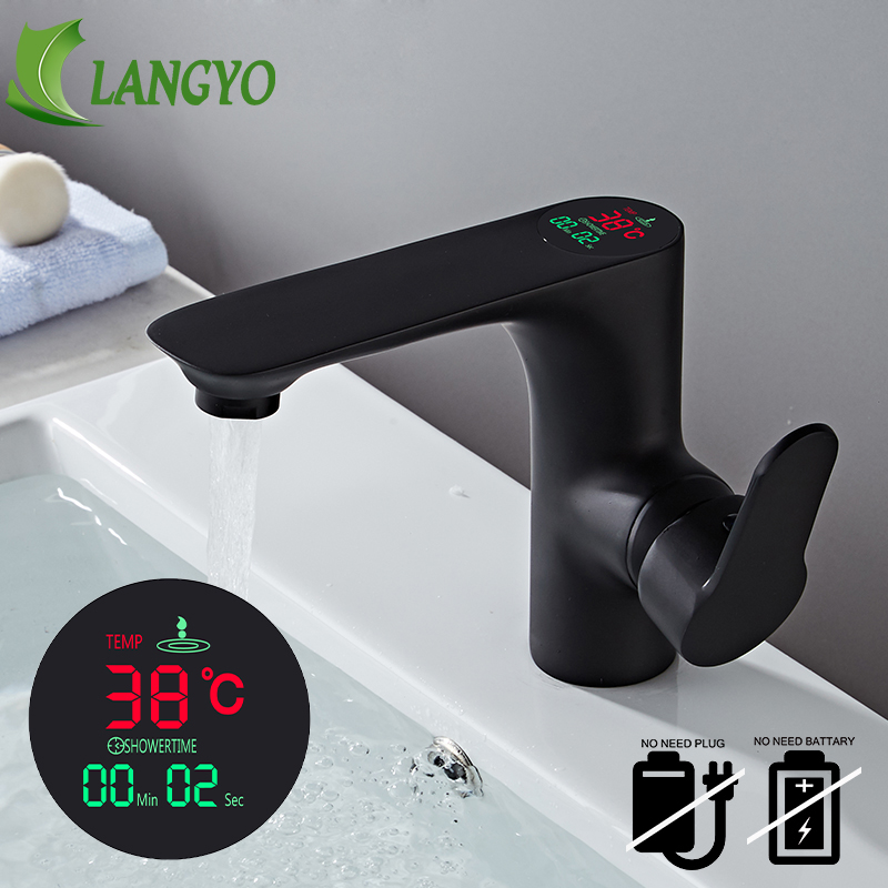 

LANGYO Bathroom LED Digital Basin Faucet Water Power Basin Mixer Brass Chrome Plated Temperate Display Faucet Smart Tap B-3035