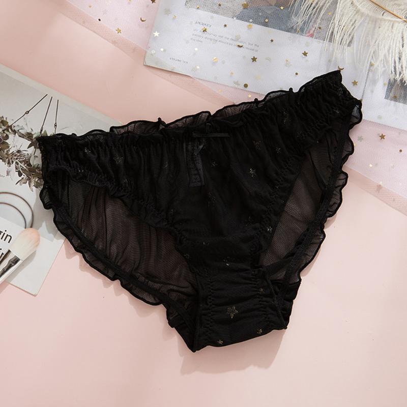

Japanese cute sexy transparent mesh briefs lace ultra-thin temptation mid-waist panties, Black