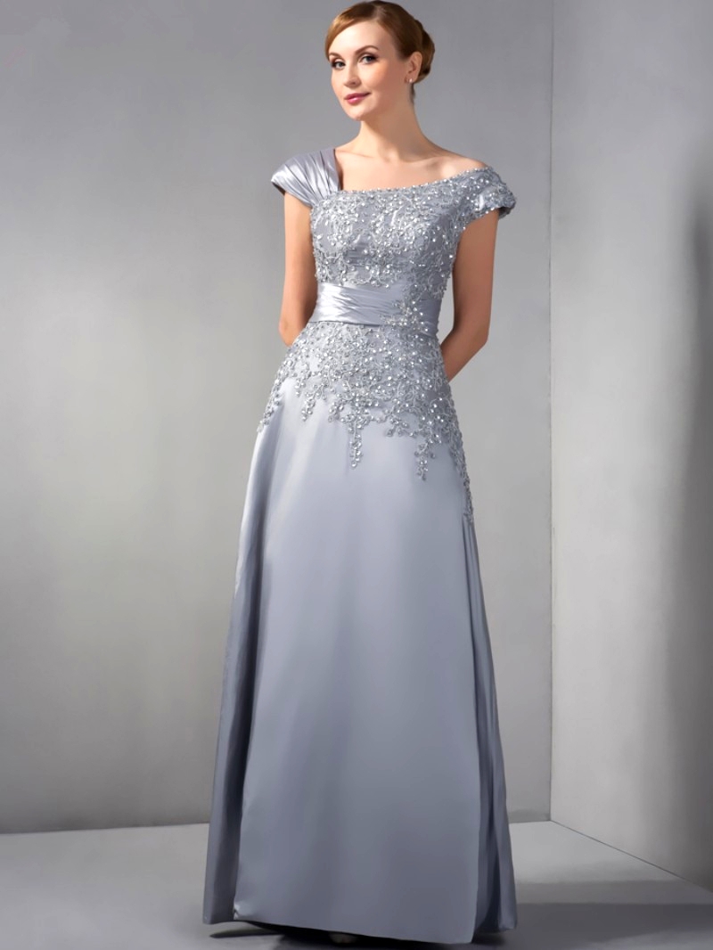 

Gray Chiffon Lace Mother Of The Bride Dresses A-line Cap Sleeves Beaded Long Elegant Groom Mother Dresses For Wedding Evening Dress