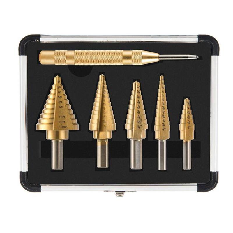 

5PCS Step Drill Bit Set Titanium Spiral Grooved Multiple Hole Drill Bits with Automatic Center Punch for Sheet Metal DIY Lovers