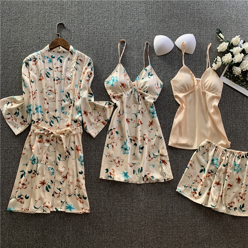 

Bathrobe Printed Night Dress Satin Negligee Nightwear Nightgowns Bridesmaid Robes Dressing Gown Plus 4 Piece Sleepwear Sets, Beige