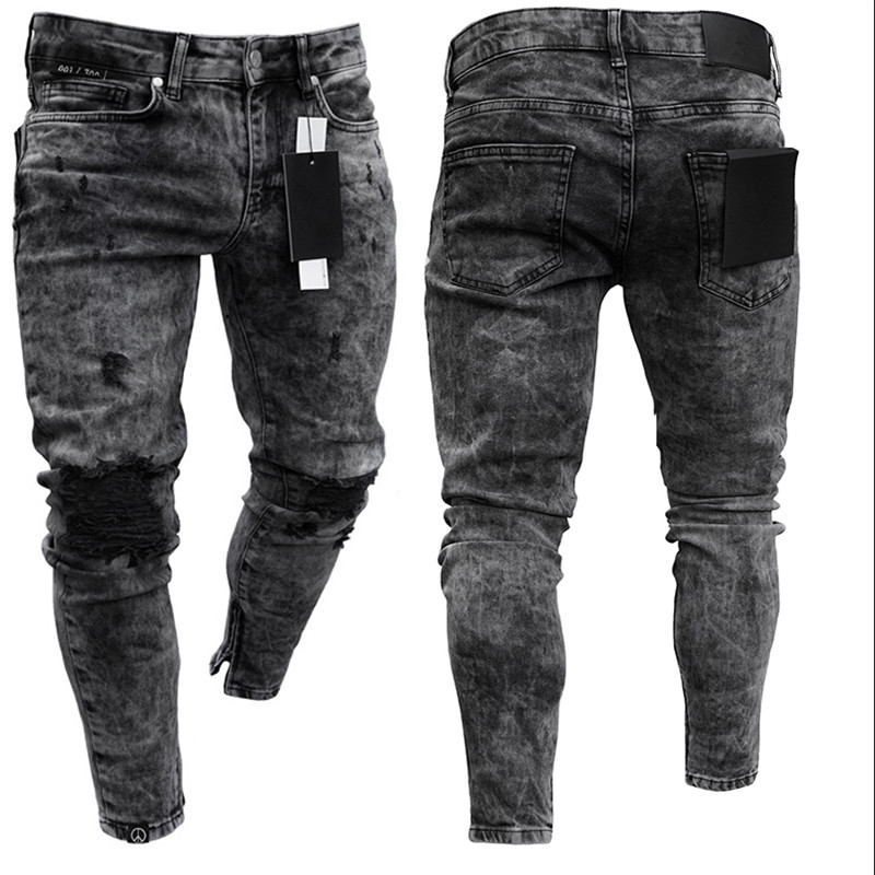 

Biker Jeans Men' Distressed Stretch Ripped Biker Jeans Men Hip Hop Slim Fit Holes Punk Denim Cotton Pants Zipper, White